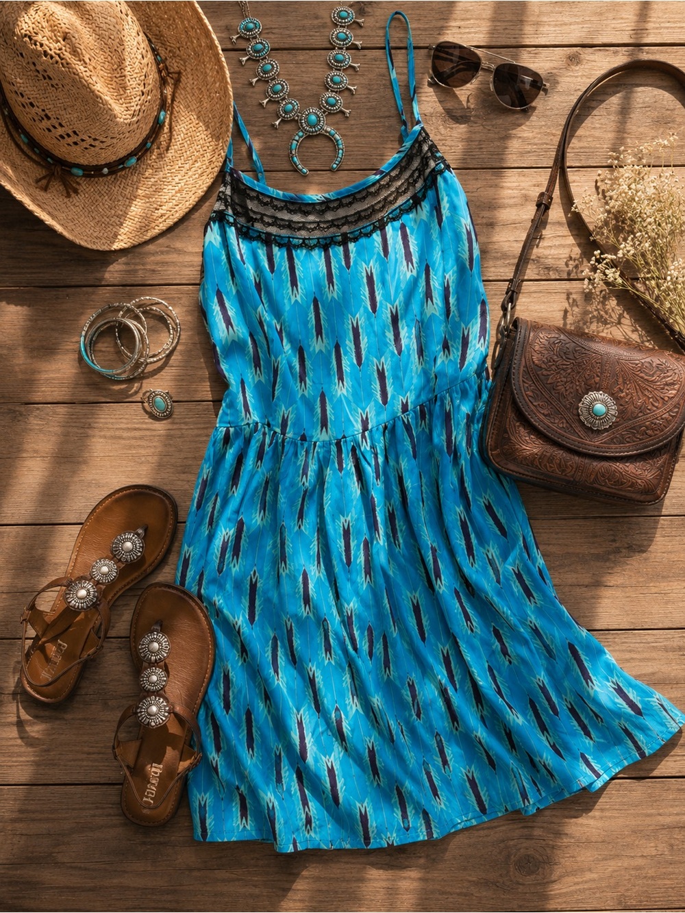 Turquoise Blue Printed Summer Dress with Lace Trim